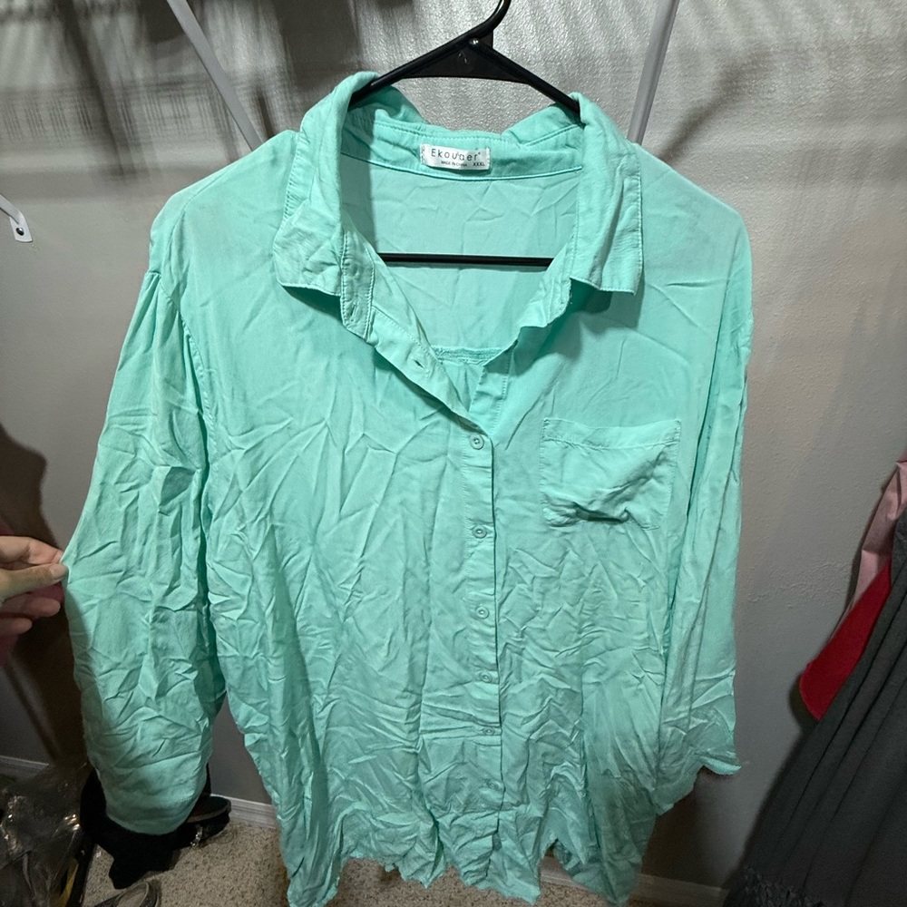 ⚡️Ekouaer Mint Green Button Down Swim Coverup Beach Shirt Oversized XXXL